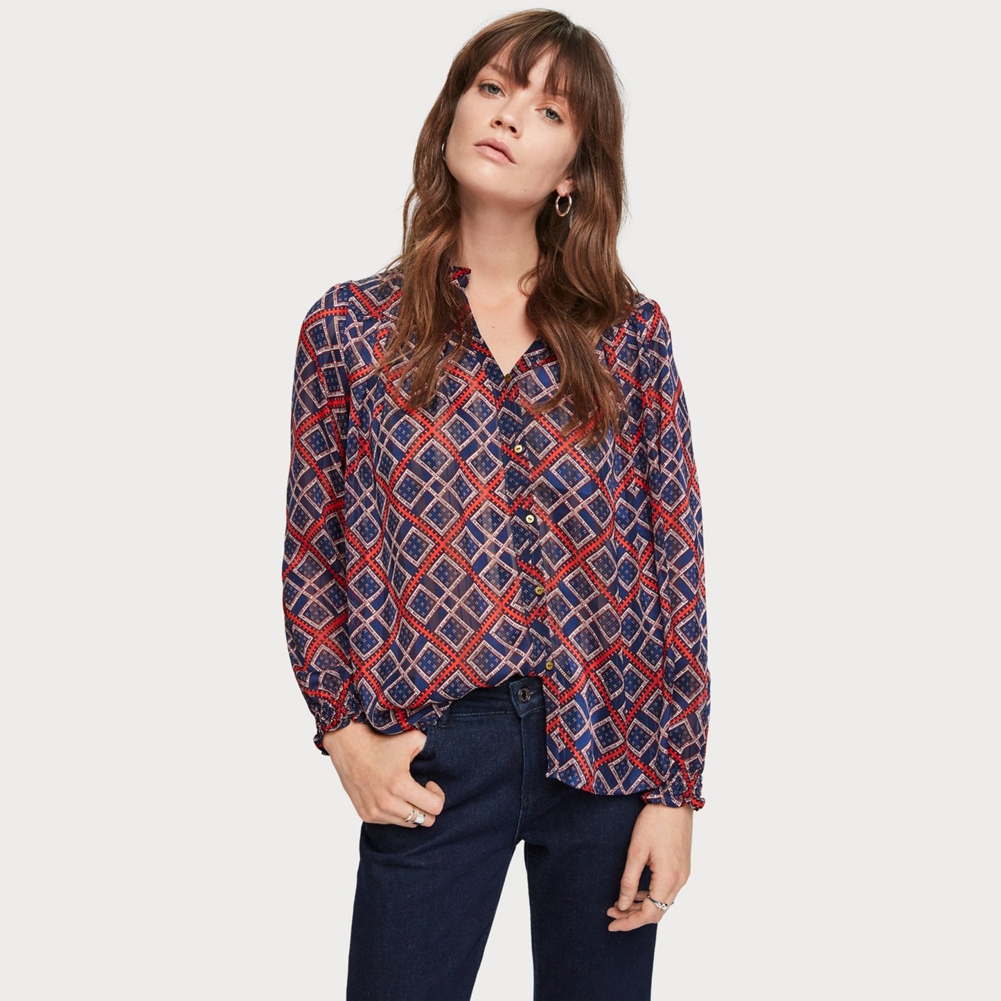 - Sheer Printed Blouse - Blue/Red