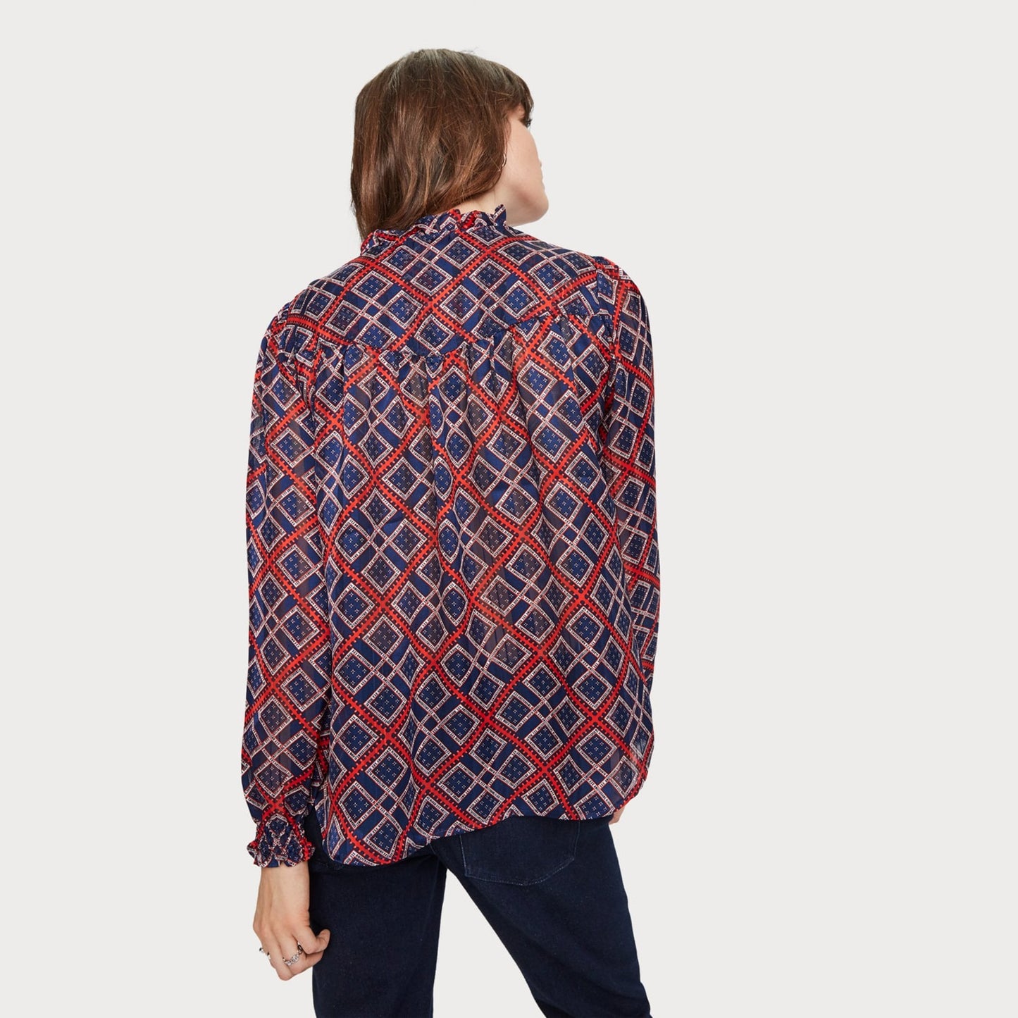 - Sheer Printed Blouse - Blue/Red