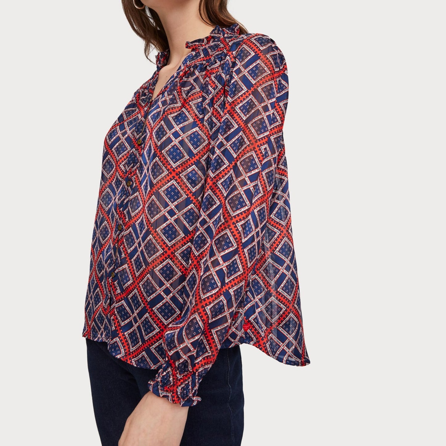 - Sheer Printed Blouse - Blue/Red