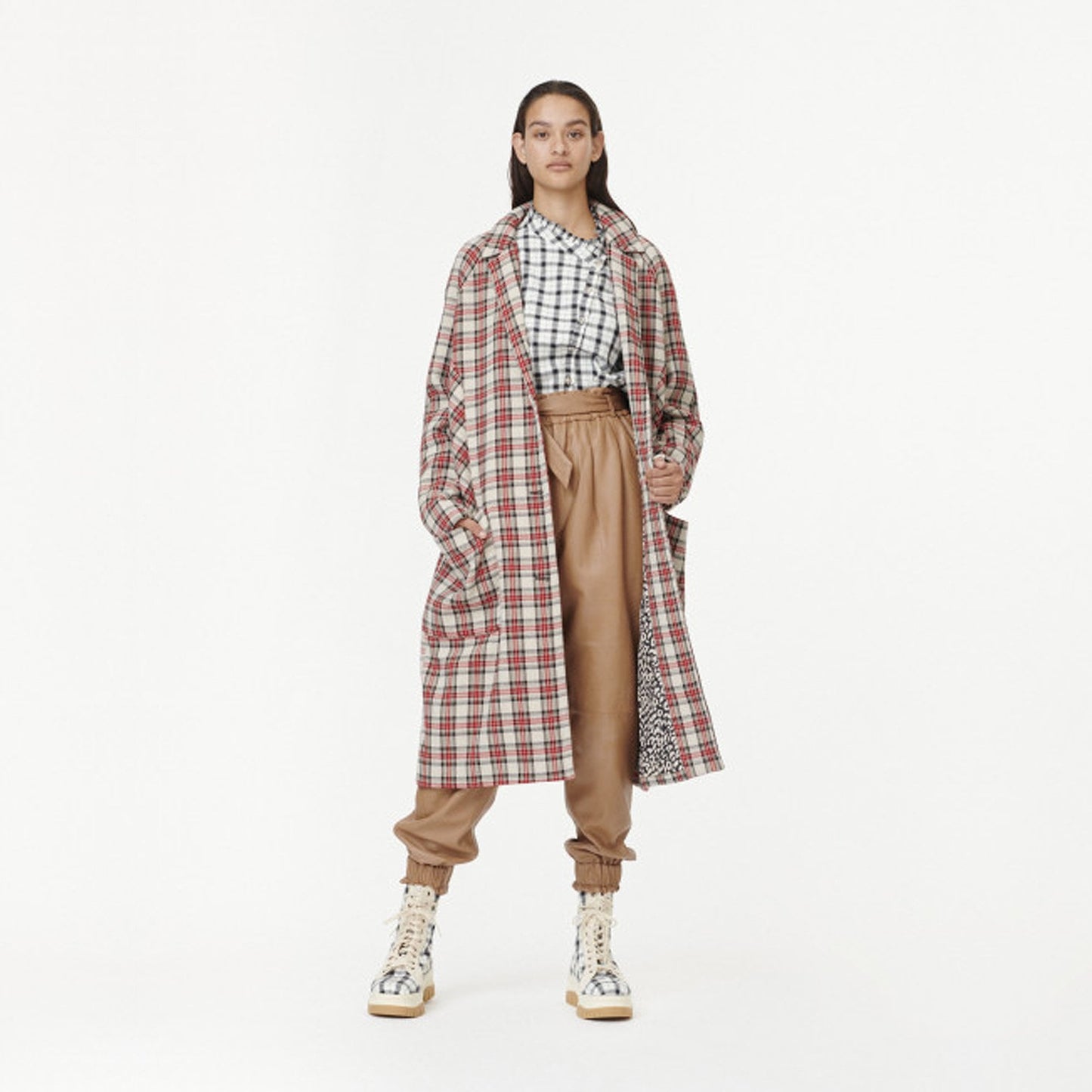 - Checked Coat - Red/Beige