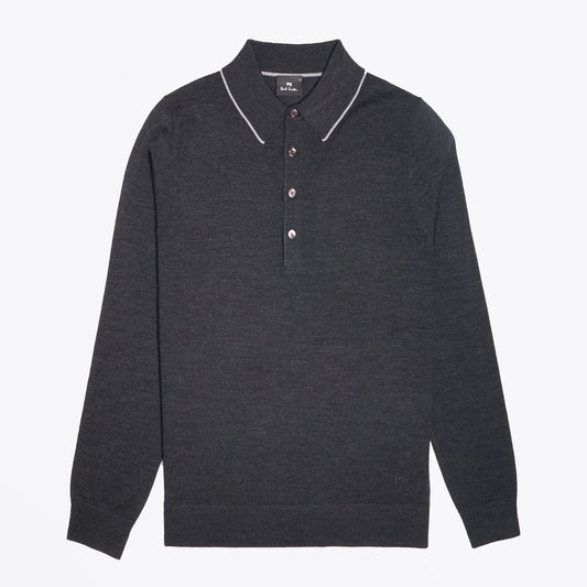 Merino Wool Long-Sleeve Polo Shirt - Charcoal