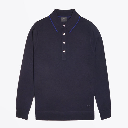 Merino Wool Long-Sleeve Polo Shirt - Navy