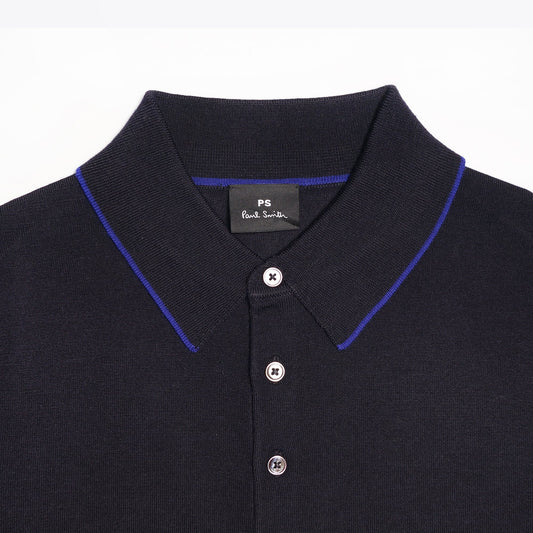 Merino Wool Long-Sleeve Polo Shirt - Navy