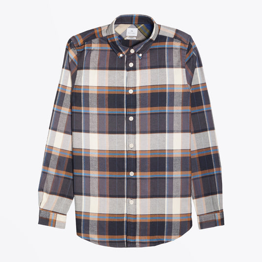 - Tailored Fit Checked Shirt - Navy/Beige