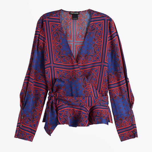 - Printed Satin Wrap Top - Red/Blue