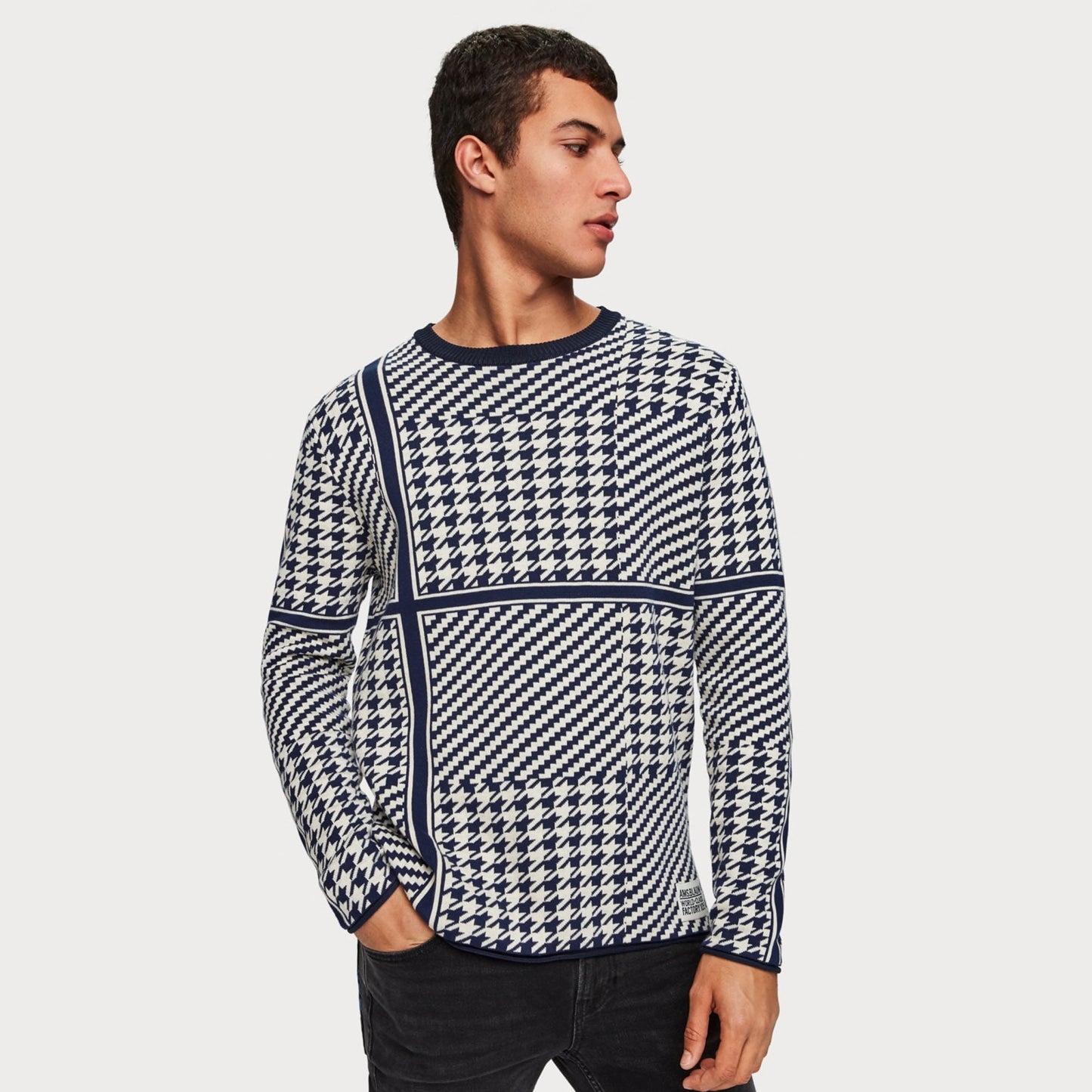 Houndstooth Print Pullover - Navy/White