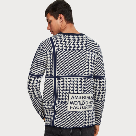 Houndstooth Print Pullover - Navy/White