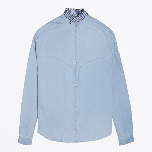 - Pleated Collar Denim Shirt - Blue