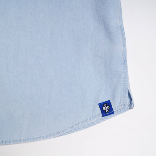 - Pleated Collar Denim Shirt - Blue