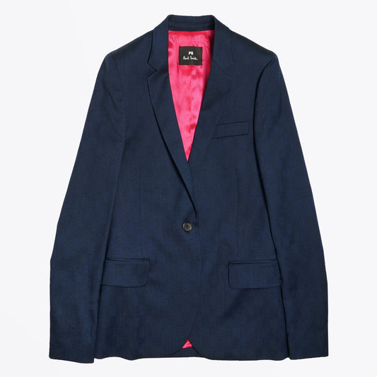 Jacquard Check Wool Blazer - Navy