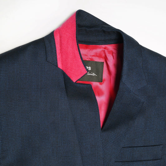 Jacquard Check Wool Blazer - Navy