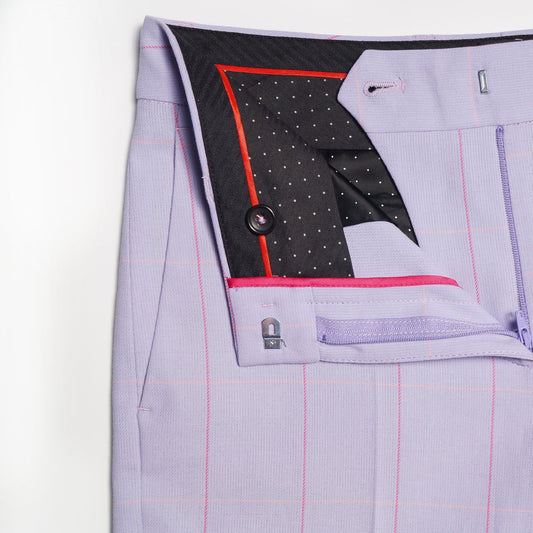 - Windowpane Check Cotton Trousers - Lilac