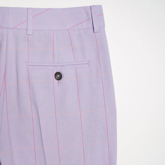 - Windowpane Check Cotton Trousers - Lilac