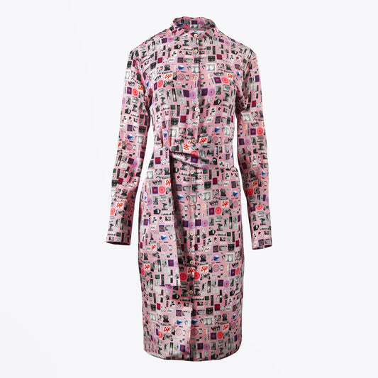 Motif Printed Belted Dress - Pink/Multi