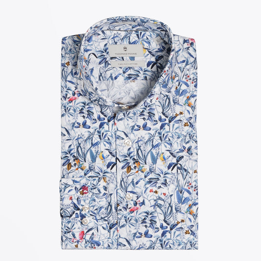 - Cotton Bird Print Shirt - Blue