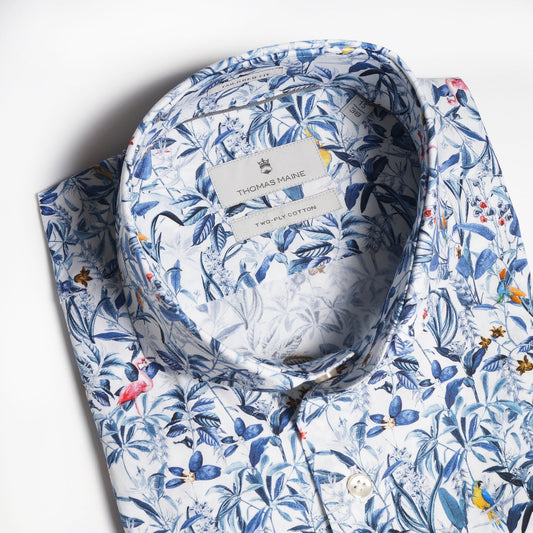 - Cotton Bird Print Shirt - Blue