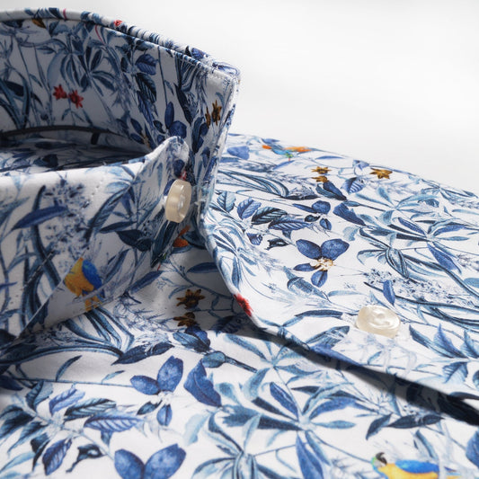 - Cotton Bird Print Shirt - Blue