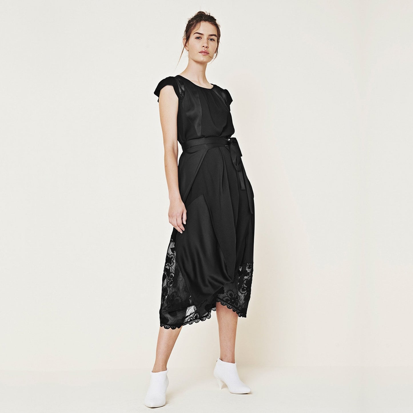 - Springtide - Satin Draped Dress with Belt - Black