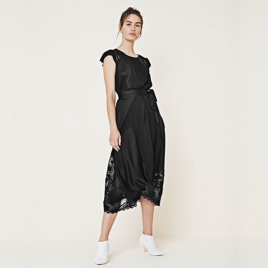 - Springtide - Satin Draped Dress with Belt - Black