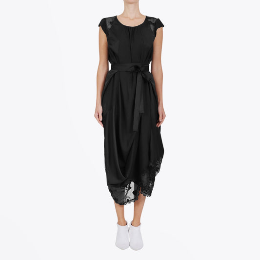 - Springtide - Satin Draped Dress with Belt - Black