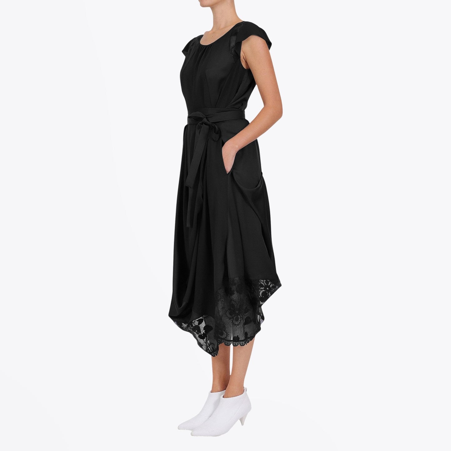 - Springtide - Satin Draped Dress with Belt - Black