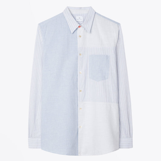- Cotton Linen Mix-Panel Shirt - Blue