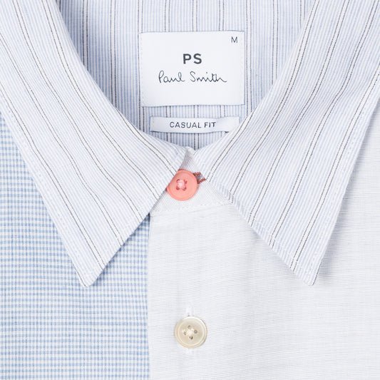 - Cotton Linen Mix-Panel Shirt - Blue