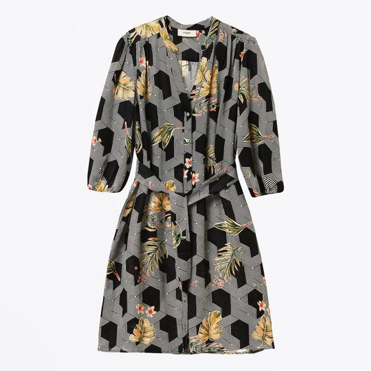 Marina Belted Printed Dress - Black/Multi