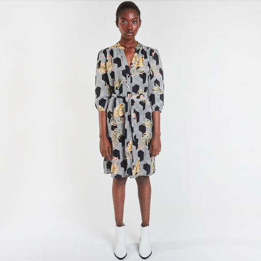 Marina Belted Printed Dress - Black/Multi