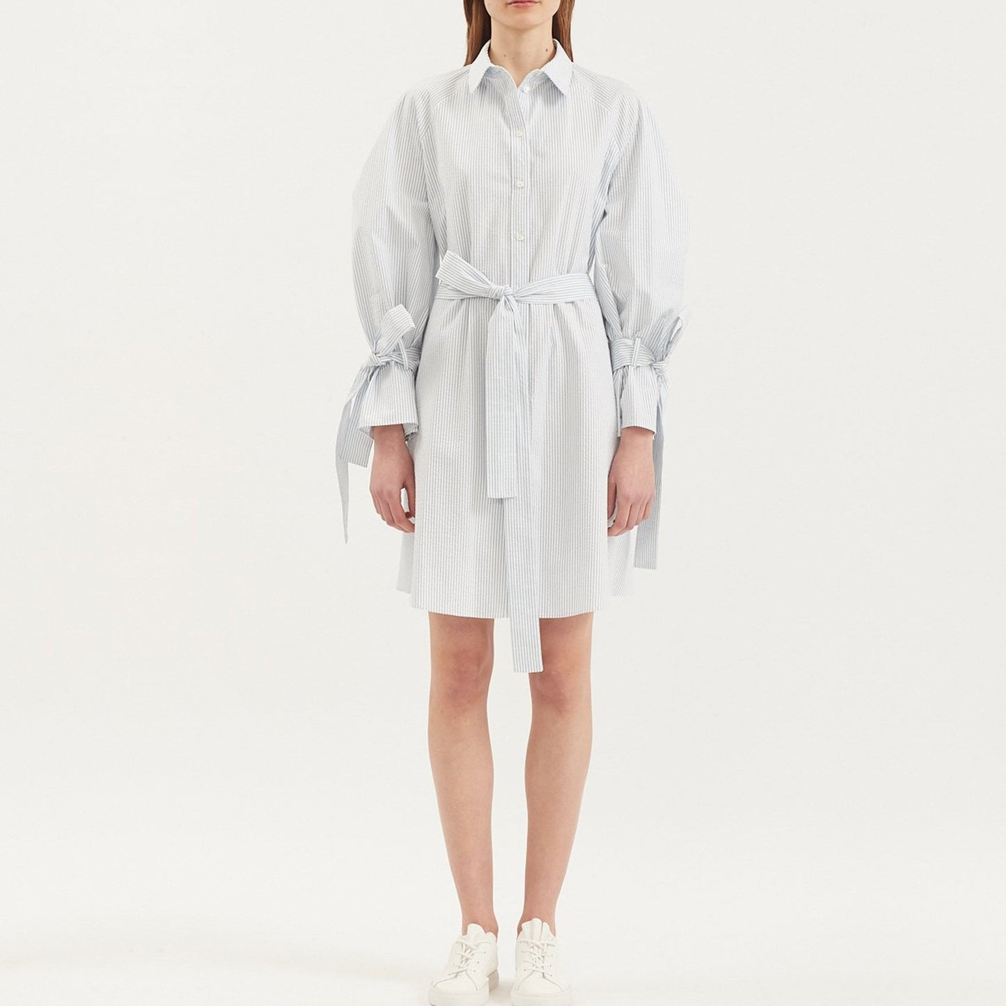 - Seersucker Striped Raglan Dress - Blue/White