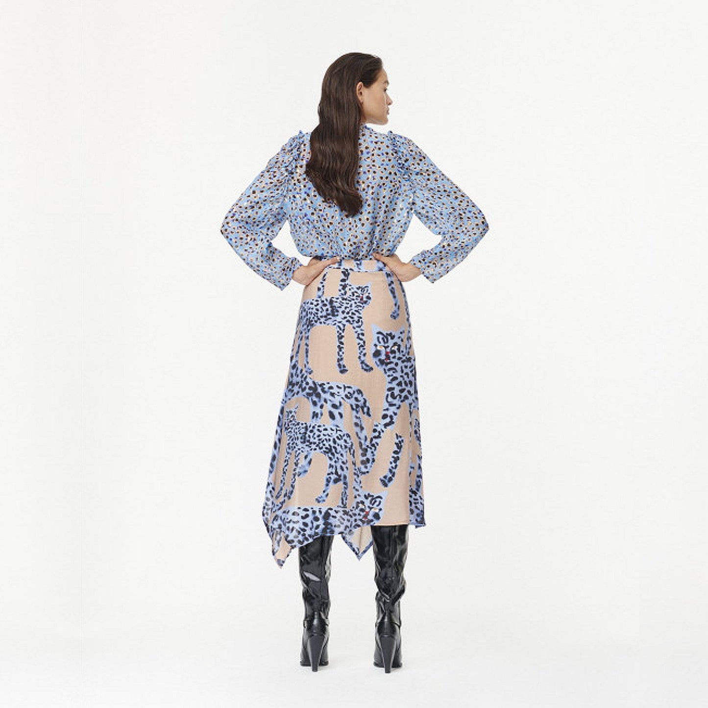 - Asymmetric Leopard Print Skirt - Blue