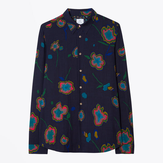 - Tailored-Fit Printed Shirt - Dark Navy