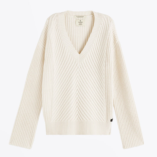 - Chunky V-Neck Knit Pullover - Cream
