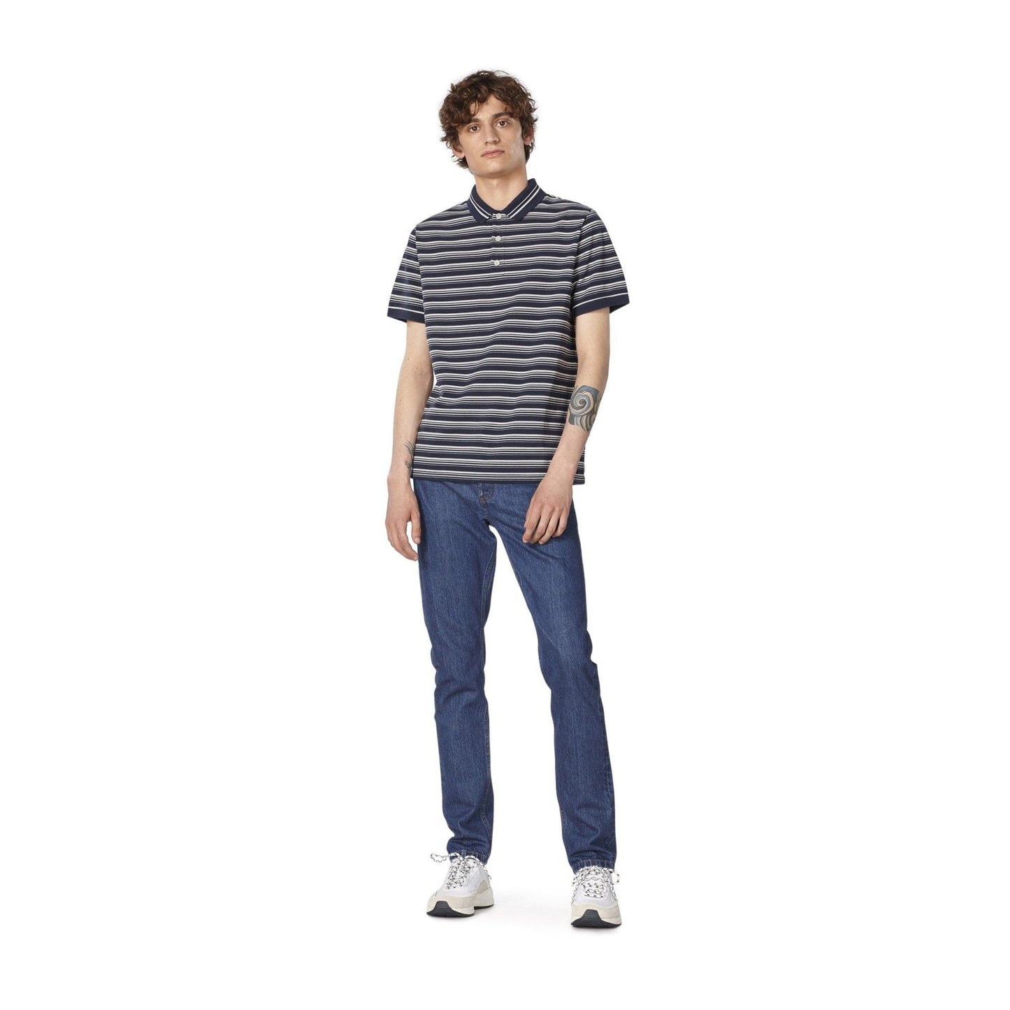 - Esteban - Striped Polo T-Shirt - Navy/White