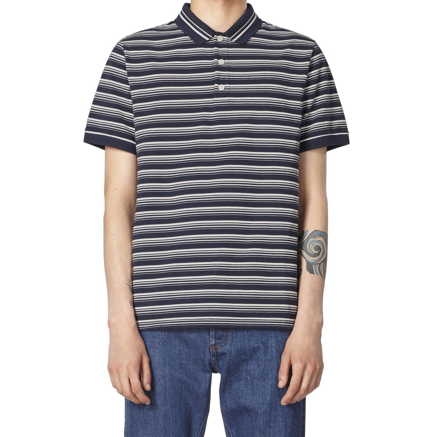- Esteban - Striped Polo T-Shirt - Navy/White
