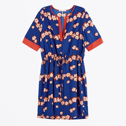 - Satin Floral Print Dress - Blue/Multi