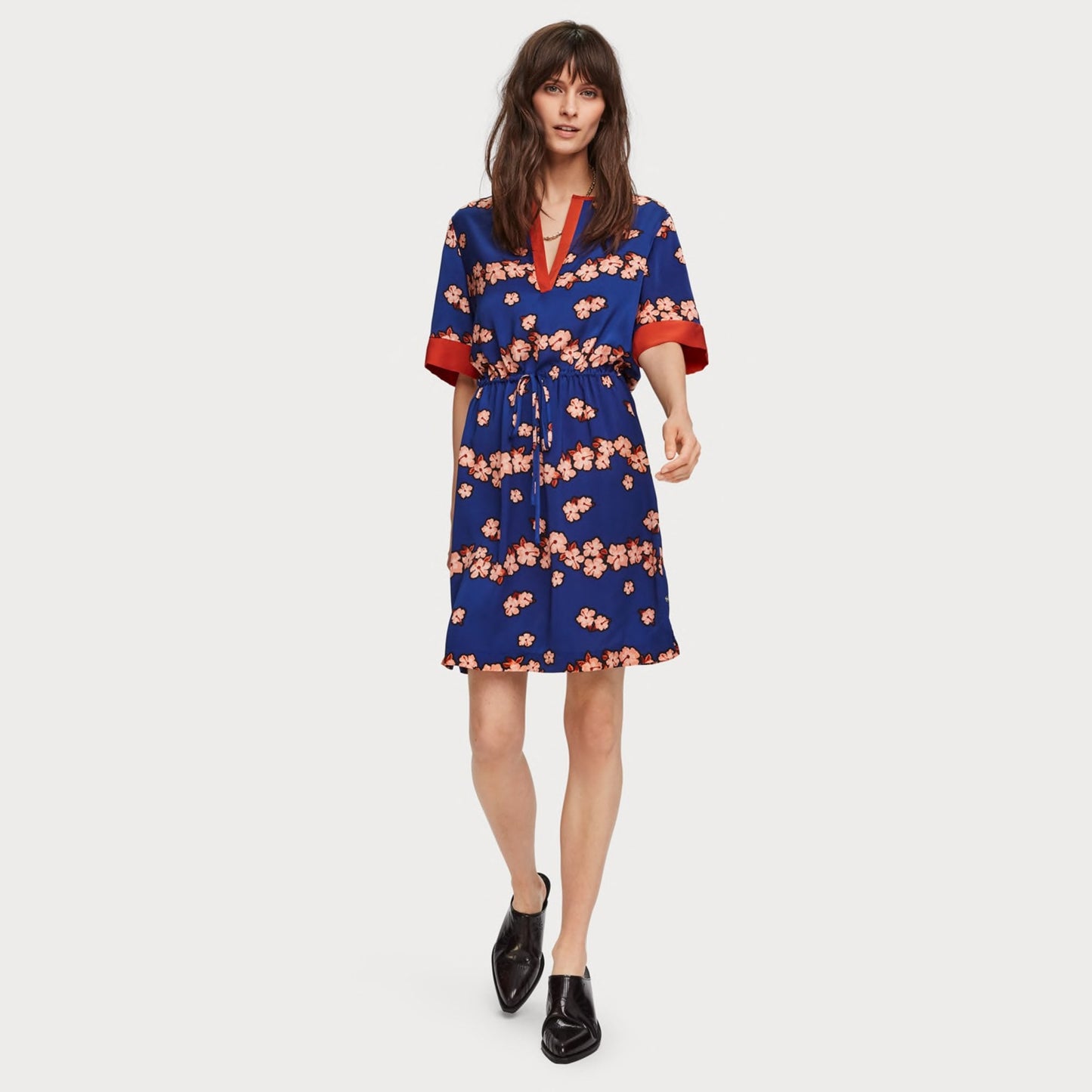 - Satin Floral Print Dress - Blue/Multi