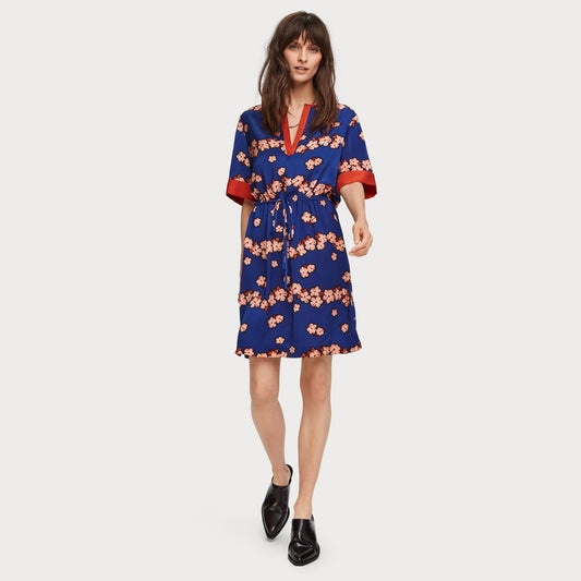 - Satin Floral Print Dress - Blue/Multi