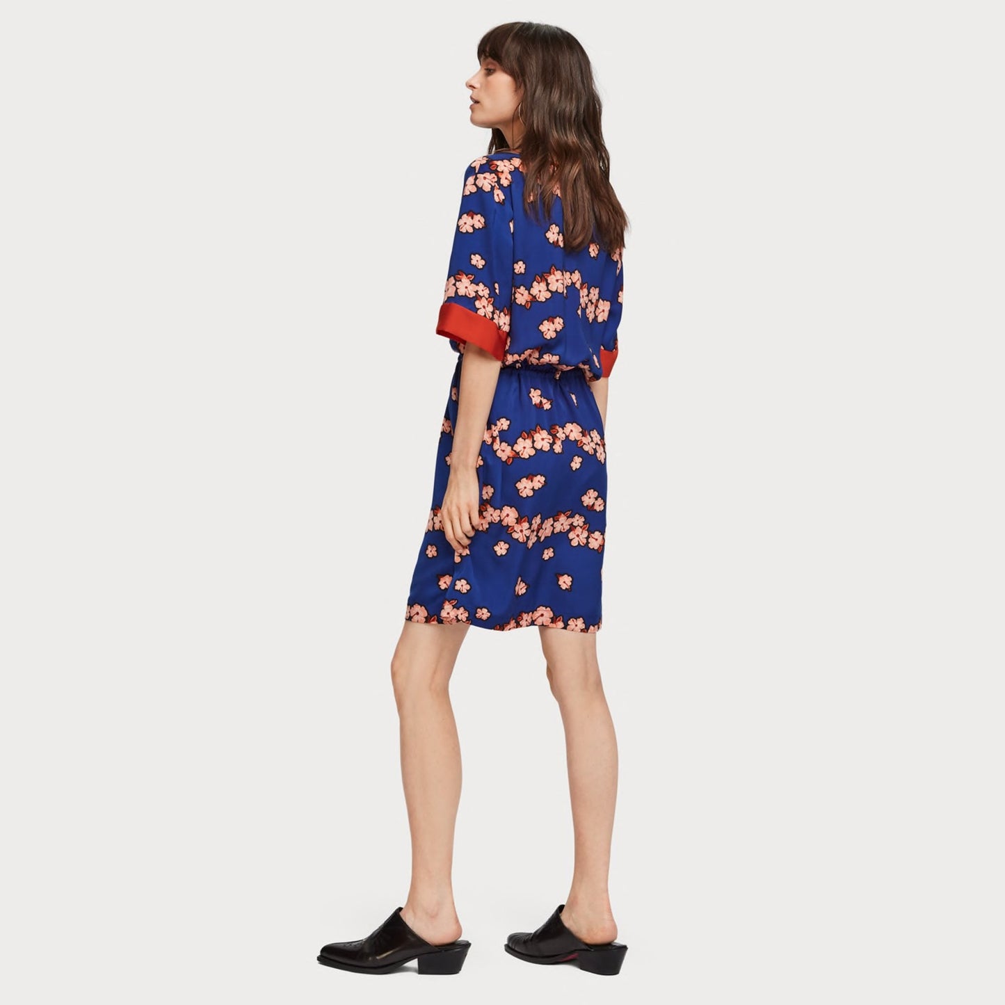 - Satin Floral Print Dress - Blue/Multi