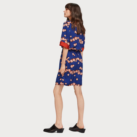 - Satin Floral Print Dress - Blue/Multi