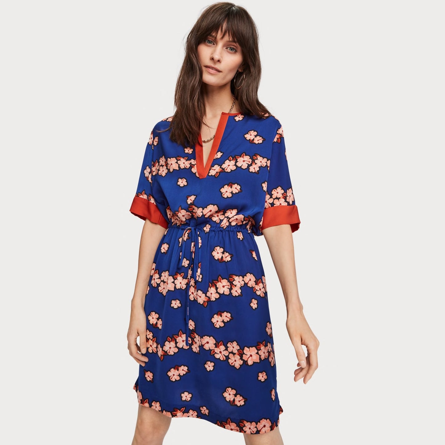 - Satin Floral Print Dress - Blue/Multi