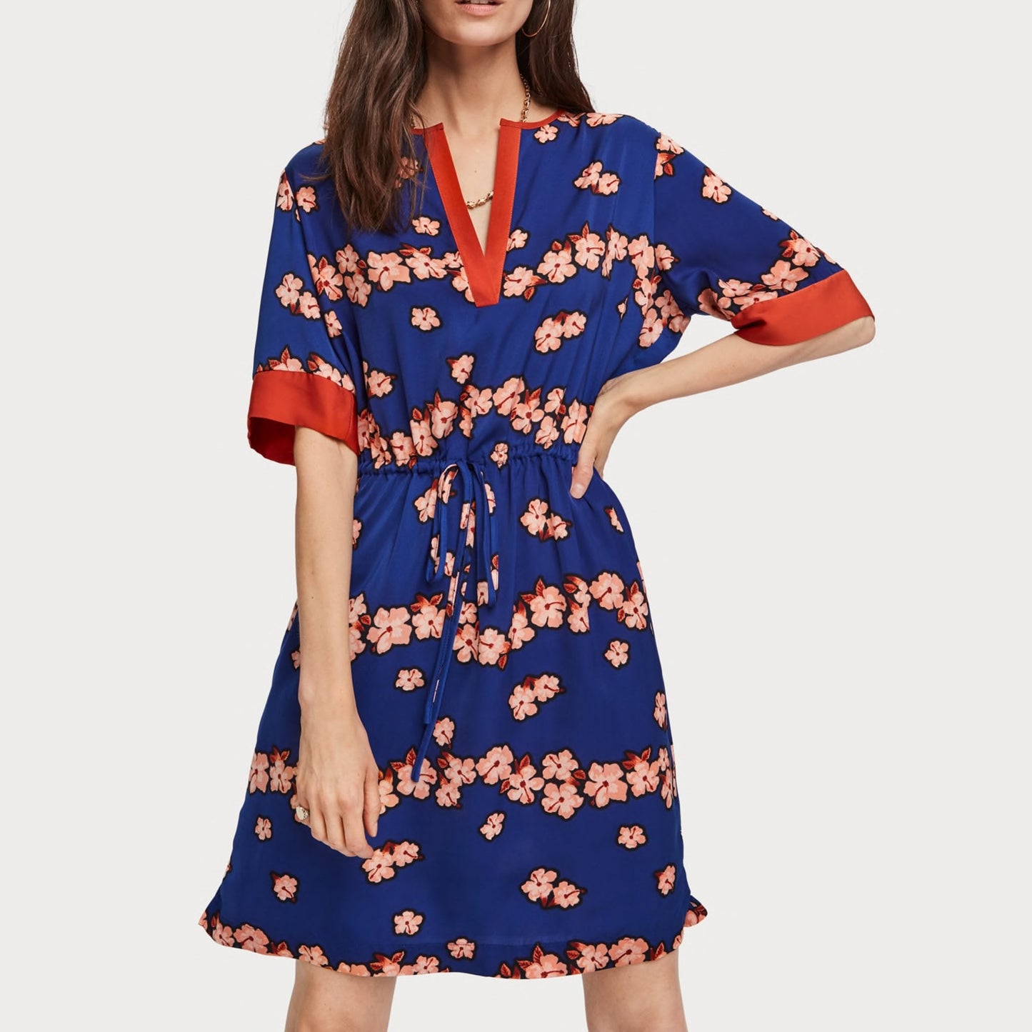 - Satin Floral Print Dress - Blue/Multi