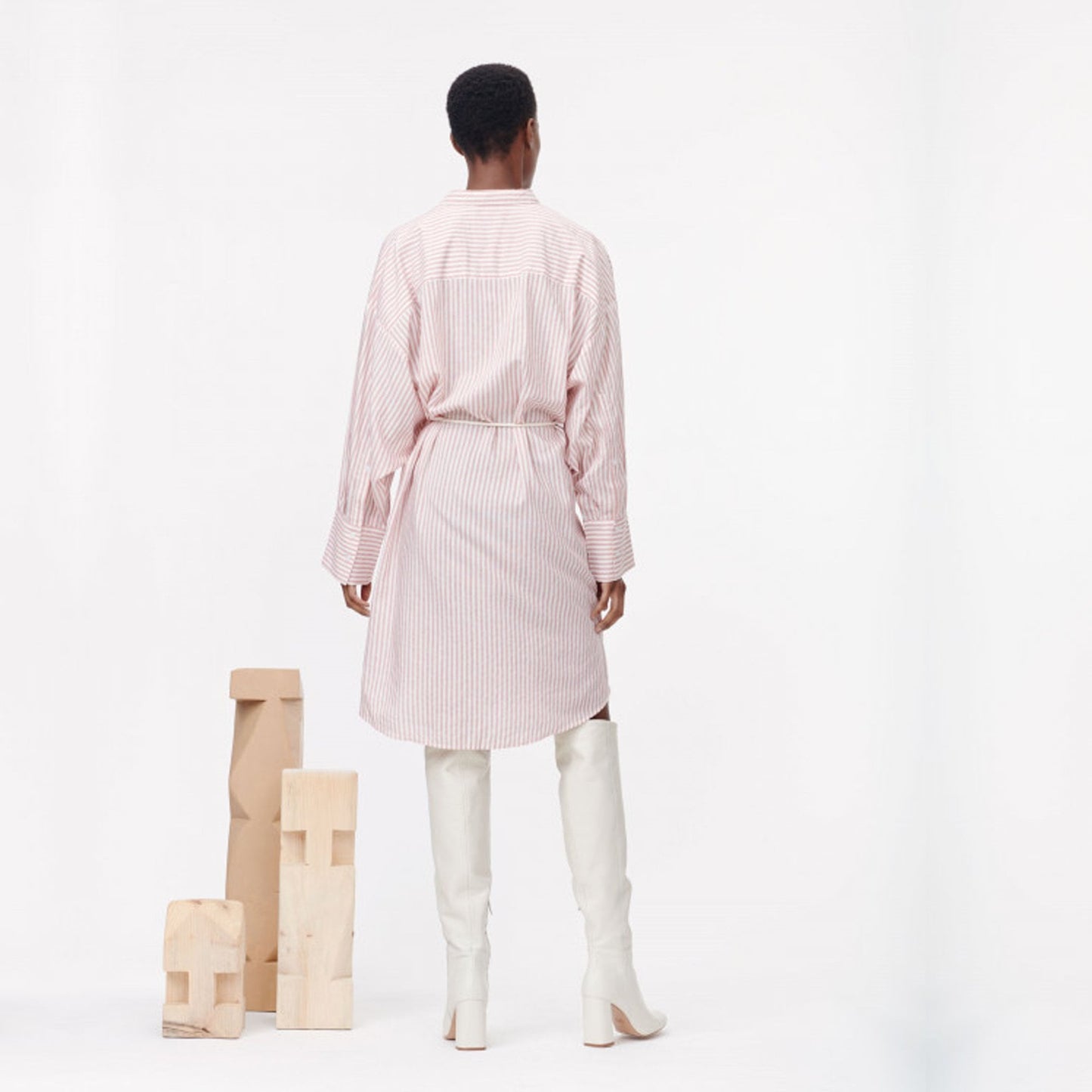 - Striped Shirt-Dress - Pink/White