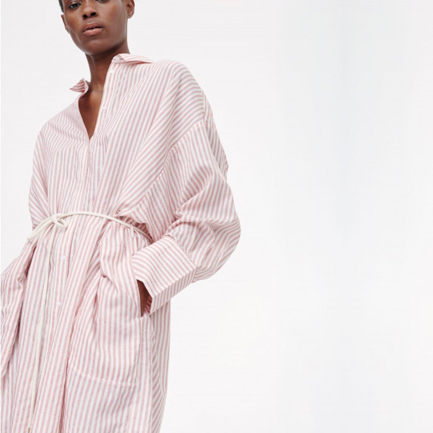 - Striped Shirt-Dress - Pink/White