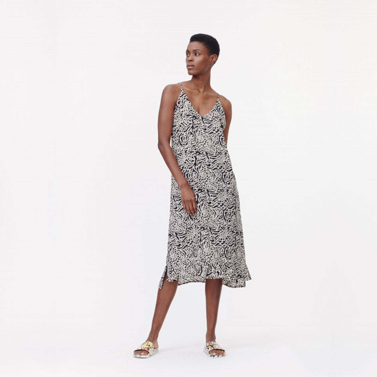 - Animal Print Midi Dress - Black/Off-White