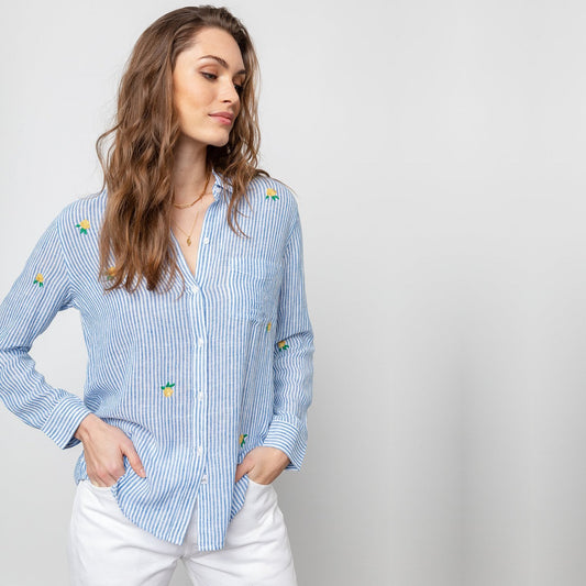 - Charli Embroidered Roses Shirt - Blue/White