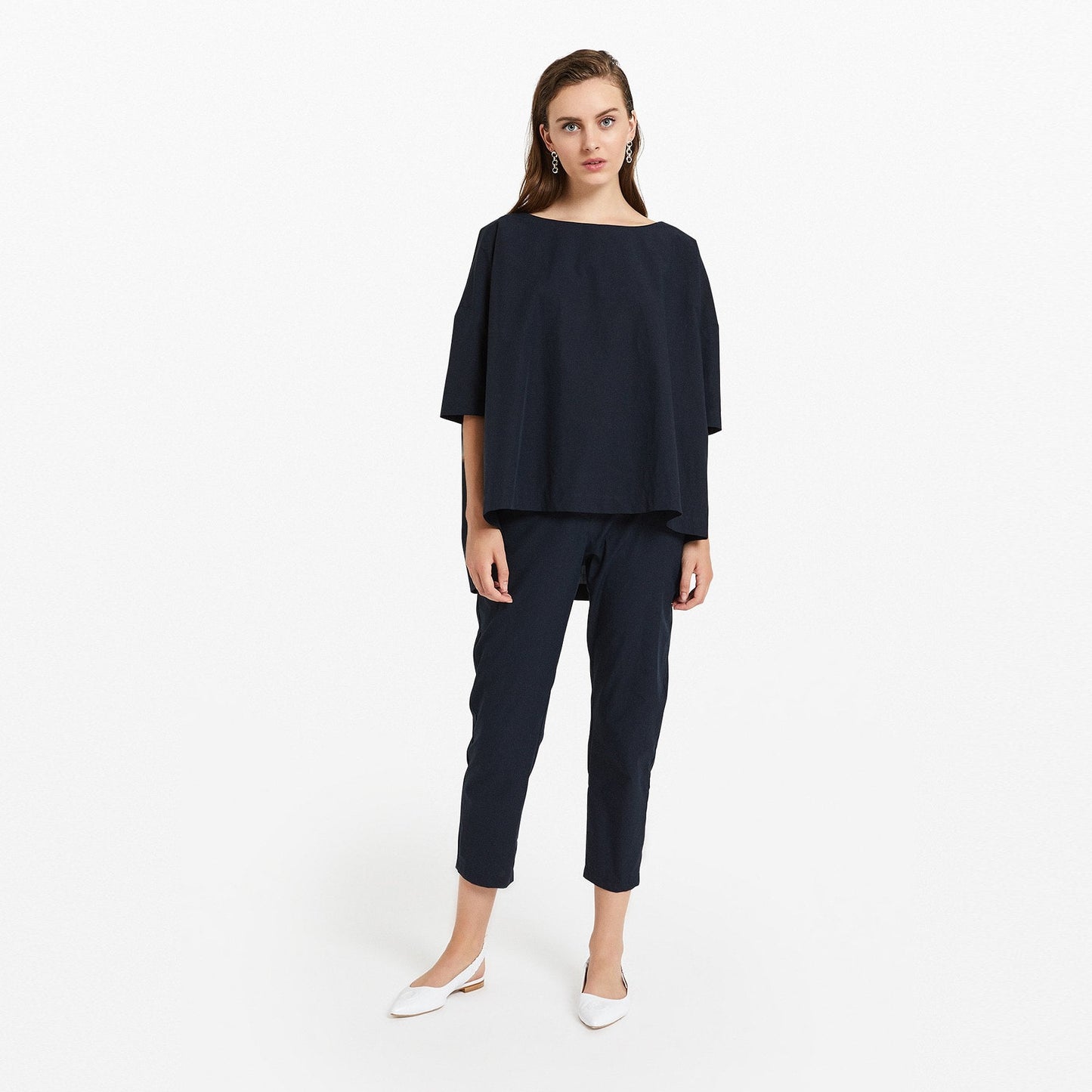 - Poplin Cropped Trousers - Navy