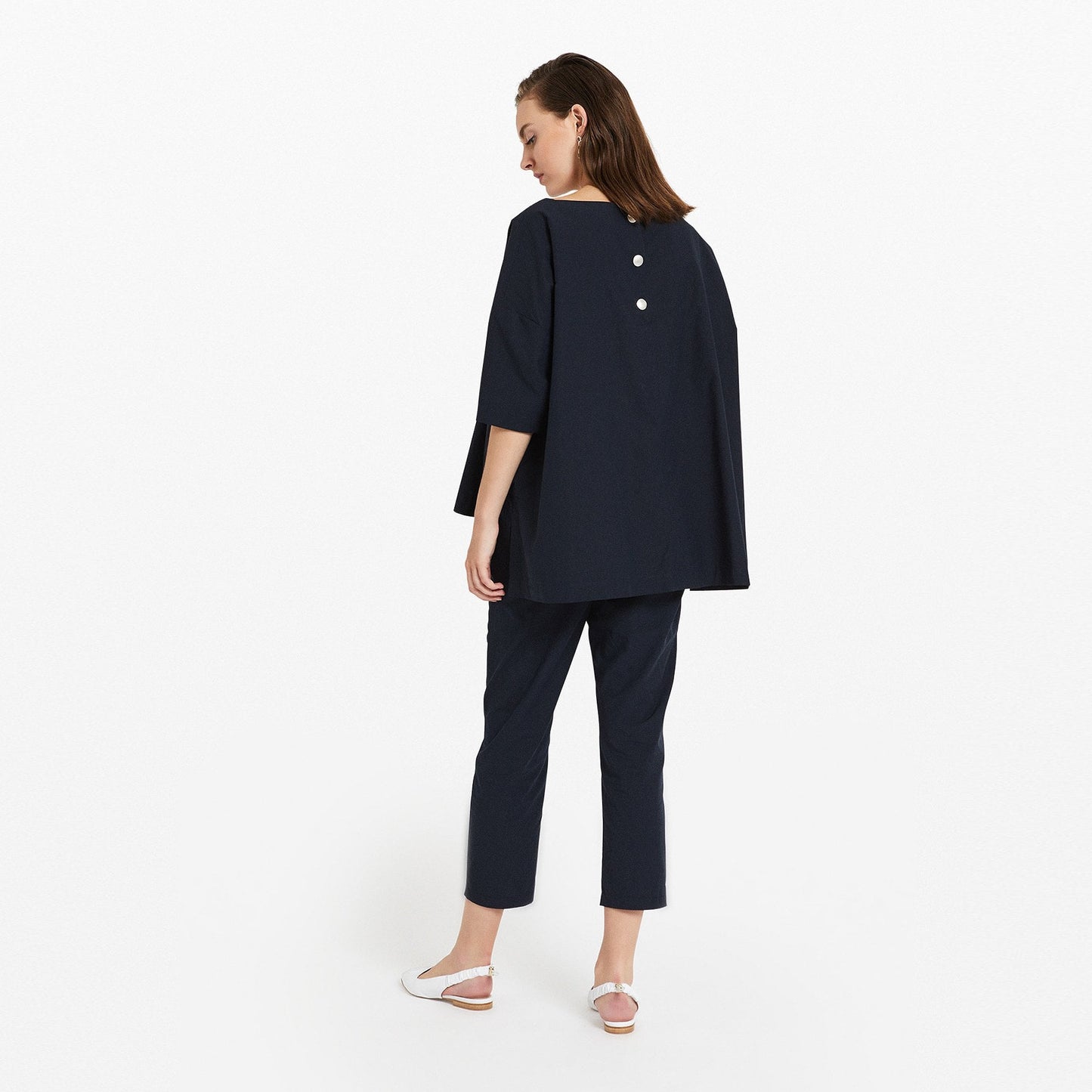 - Poplin Cropped Trousers - Navy