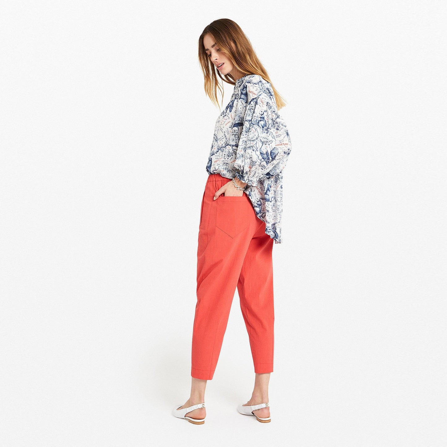 - Cotton Cropped Trousers - Orange/Red