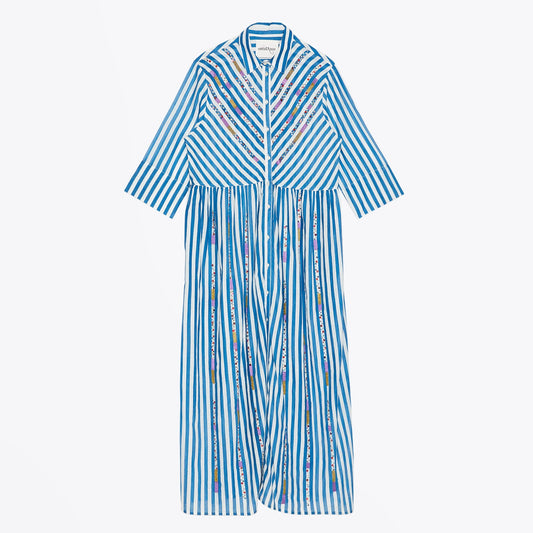 - Striped Cotton Long Chemisier Dress With Appliques